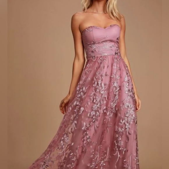 Lulus Dresses & Skirts - NWT Lulus Andria Mauve Purple Embroidered Strapless Maxi Dress Sz S